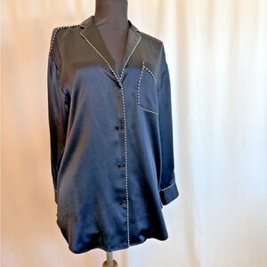 Rag & Bone Navy Silk Satin Top With Navy White Piping - Size Small